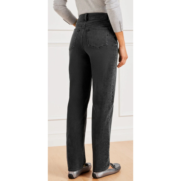 Talbots Embellished High Waist Relaxed Jeans Black Rhinestone Crystal Size 14 - Picture 13 of 16